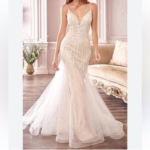 Cinderella Divine Beaded Mermaid Wedding Dress Ivory Nude Sz 12 Tulle Gown Fairy